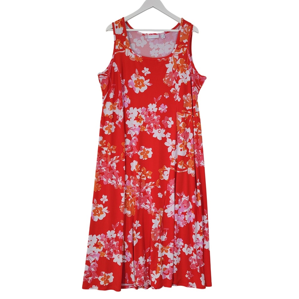 Susan Graver Floral Maxi Midi Dress Women 1X Orange Pink Sleeveless A-Line Scoop